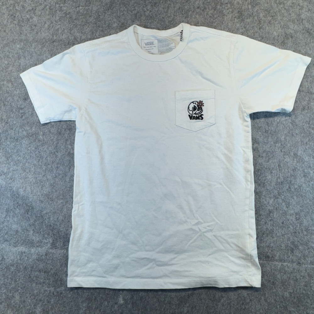 Vans White Pocket T-Shirt Skull Flower Logo Graphic Skate Tee Size M